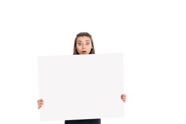 portrait of emotional young woman holding blank banner isolated on white clipart