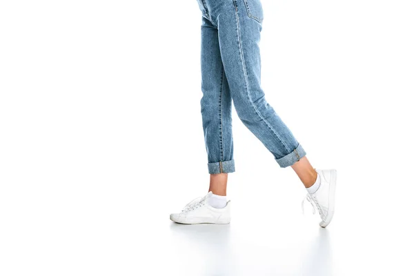 Delvis Skymd Utsikt Över Elegant Kvinna Jeans Isolerad Vit — Stockfoto