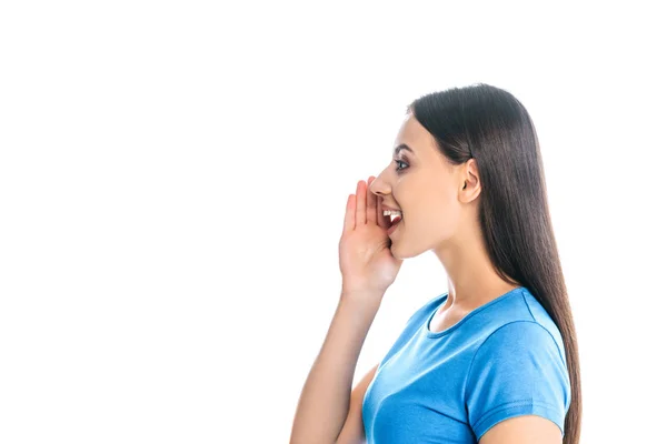 Vista Lateral Bela Jovem Mulher Gesticulando Isolado Branco — Fotografia de Stock Grátis