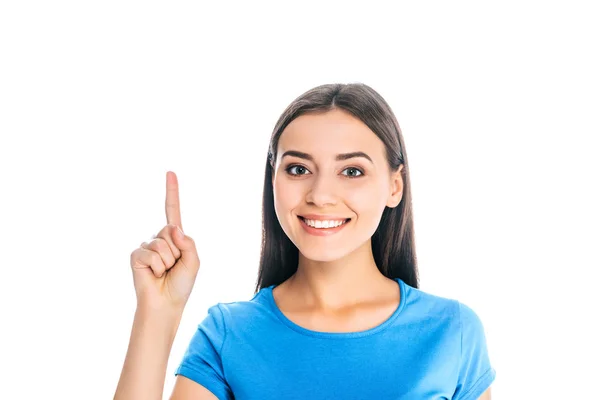 Retrato Mulher Sorridente Atraente Apontando Para Longe Isolado Branco — Fotografia de Stock