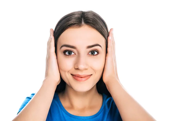 Portrait Attractive Smiling Woman Covering Ears Hands Isolated White — Stock Photo, Image