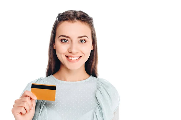 Portrait Smiling Woman Credit Card Isolated White — Stock Photo, Image