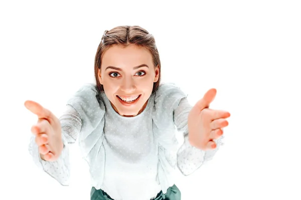 High Angle View Attractive Smiling Woman Outstretched Arms Looking Camera — Stock Photo, Image