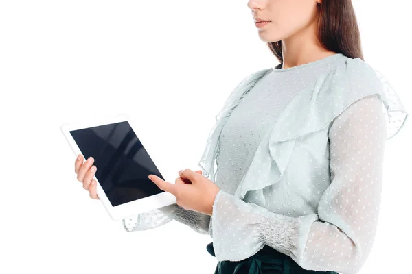 Plan Recadré Femme Pointant Vers Tablette Avec Écran Blanc Isolé — Photo gratuite