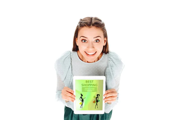 Vista Ángulo Alto Joven Sonriente Con Tableta Con Las Mejores — Foto de stock gratis