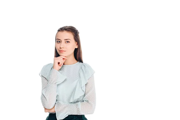 Retrato Mulher Muito Pensativo Olhando Para Câmera Isolada Branco — Fotografia de Stock