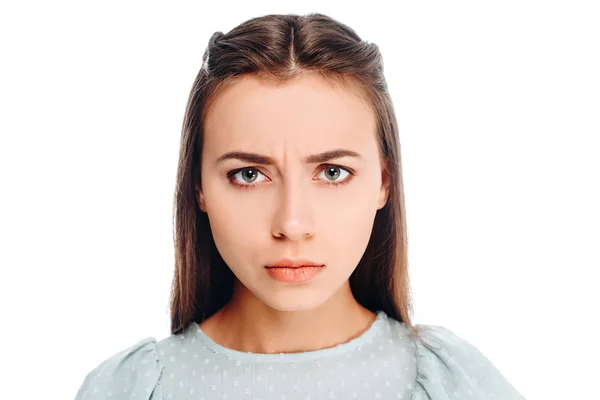 Portrait Femme Bouleversée Regardant Caméra Isolée Sur Blanc — Photo