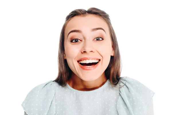 Retrato Jovem Mulher Alegre Isolado Branco — Fotografia de Stock