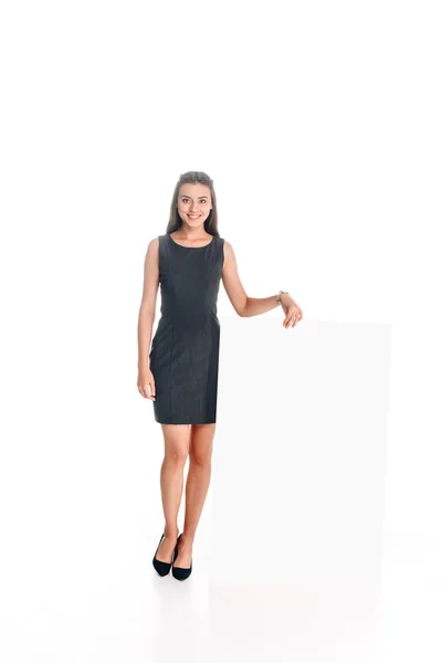 Smiling Woman Black Dress Blank Banner Isolated White — Free Stock Photo
