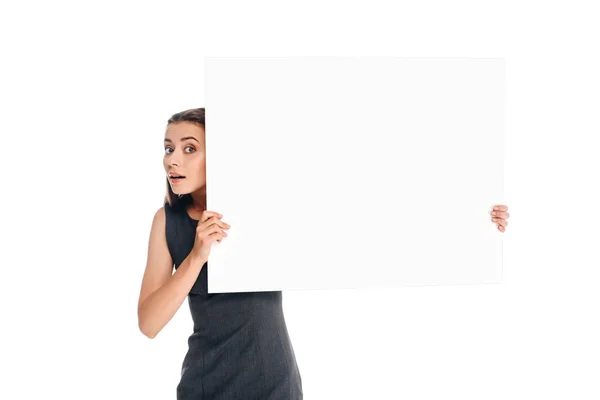 Portrait Shocked Young Woman Holding Blank Banner Isolated White — Stock Photo, Image