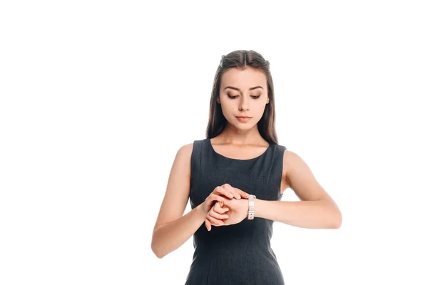 Portrait Woman Stylish Black Dress Checking Time Isolated White — Free Stock Photo