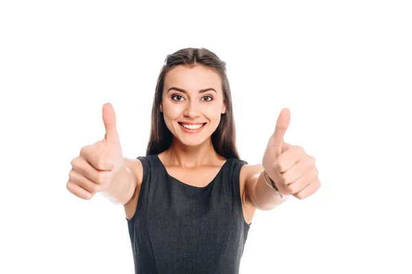 Portrait Smiling Woman Stylish Black Dress Showing Thumbs Isolated White — Stock Photo, Image