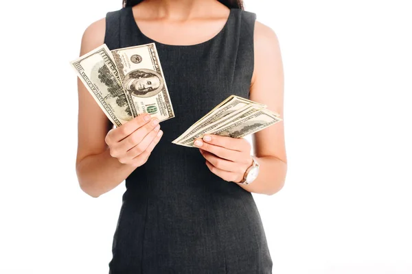 Częściowy Widok Kobieta Czarnej Sukni Trzymając Banknotów Dolara Białym Tle — Zdjęcie stockowe
