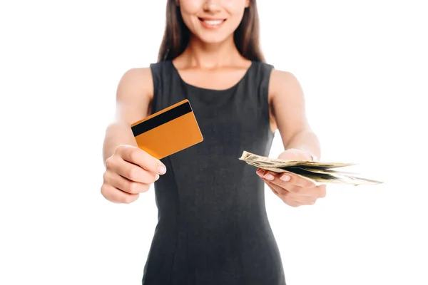 Cropped Shot Smiling Woman Black Dress Credit Card Cash Isolated — Stock Photo, Image