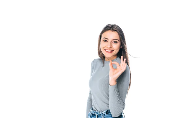 Portrait Beautiful Positive Woman Showing Sign Isolated White — Stock Photo, Image