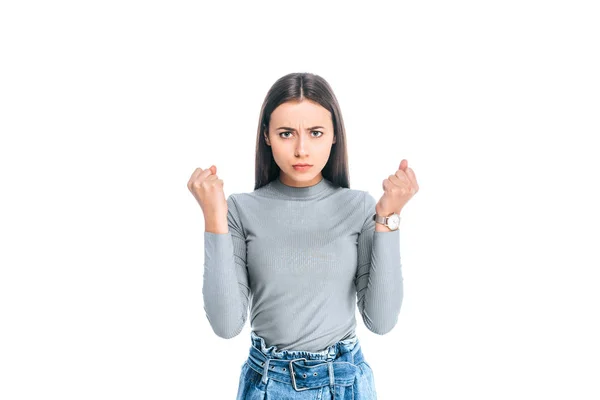 Portrait Upset Woman Showing Fists Isolated White — Free Stock Photo