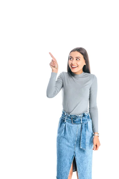 Retrato Mujer Hermosa Apuntando Aislado Blanco —  Fotos de Stock