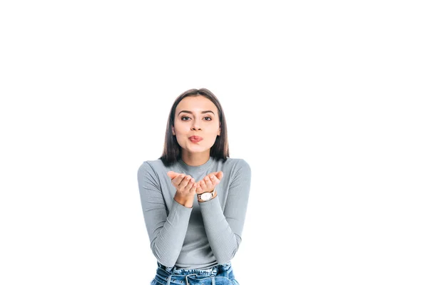 Portret Van Mooie Vrouw Waait Kiss Geïsoleerd Wit — Stockfoto