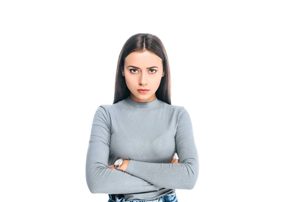 Portrait Disappointed Woman Arms Crossed Looking Camera Isolated White — Stock Photo, Image