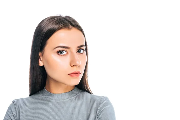 Portret Van Vertrouwen Jonge Vrouw Kijken Camera Geïsoleerd Wit — Stockfoto