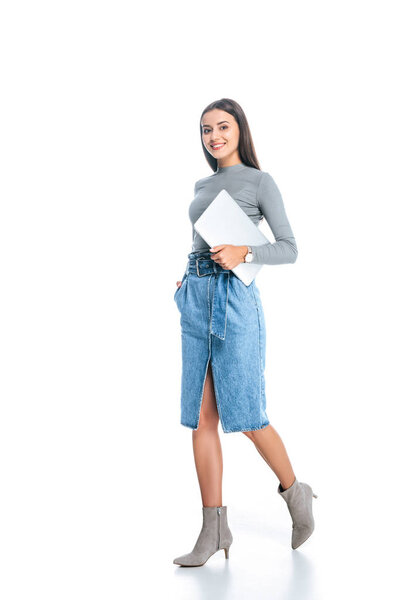 young stylish woman with laptop isolated on white