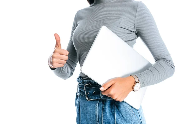 Частковий Вид Жінки Ноутбуком Показує Великий Палець Вгору Ізольовано Білому — Безкоштовне стокове фото