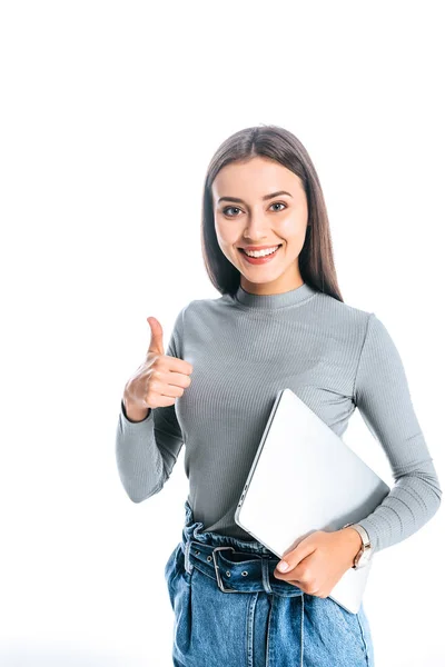 Retrato Mujer Sonriente Con Ordenador Portátil Que Muestra Pulgar Hacia — Foto de Stock