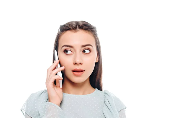 Portrait Young Woman Talking Smartphone Isolated White — Stock Photo, Image