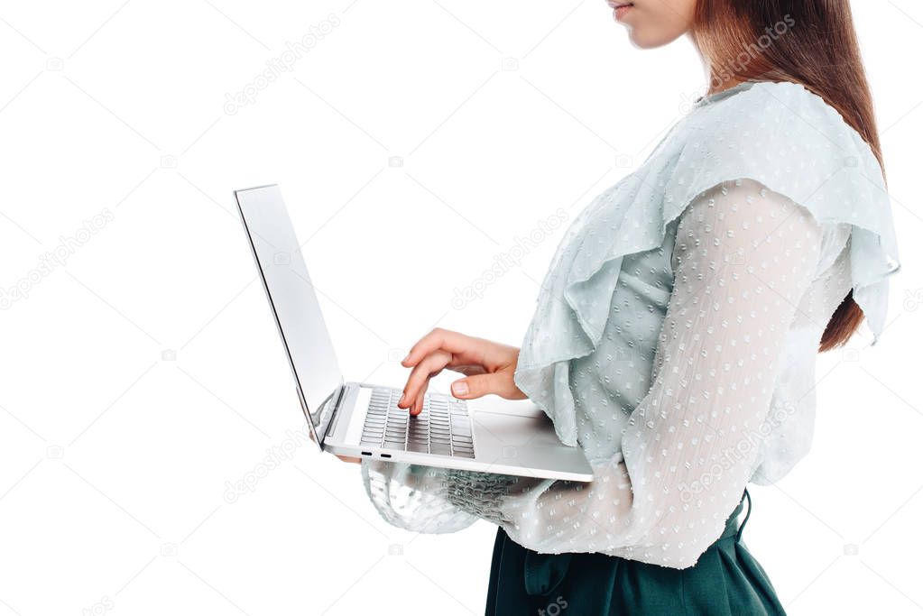 cropped shot of woman using laptop isolated on white