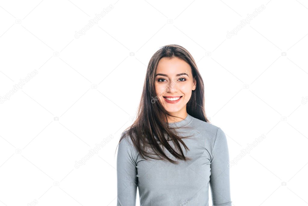 portrait of beautiful smiling woman looking at camera isolated on white