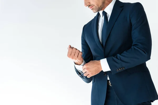 Cropped Image Businessman Buttoning Cuff Isolated White — Stock Photo, Image