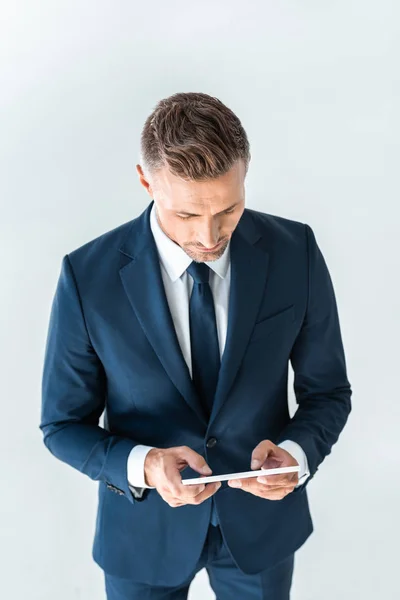 High Angle View Handsome Businessman Using Tablet Isolated White — Free Stock Photo