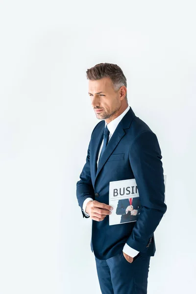 Handsome Businessman Standing Newspaper Looking Away Isolated White — Stock Photo, Image