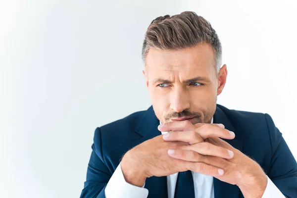 Retrato Homem Negócios Bonito Cansado Olhando Para Longe Isolado Branco — Fotografia de Stock