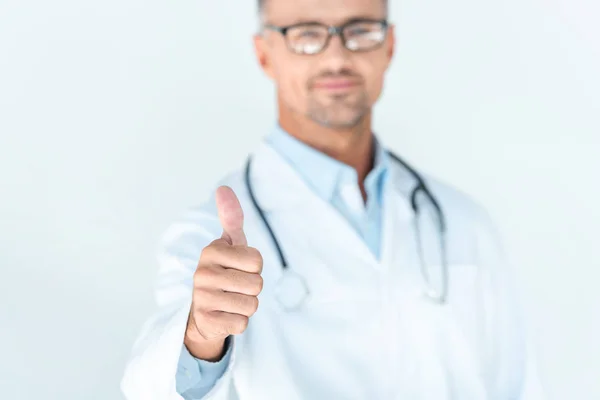 Selective Focus Handsome Doctor Glasses Stethoscope Shoulders Showing Thumb Isolated — Stock Photo, Image