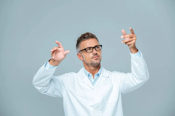 Handsome Scientist White Coat Glasses Moving Something Air Isolated White — Stock Photo, Image