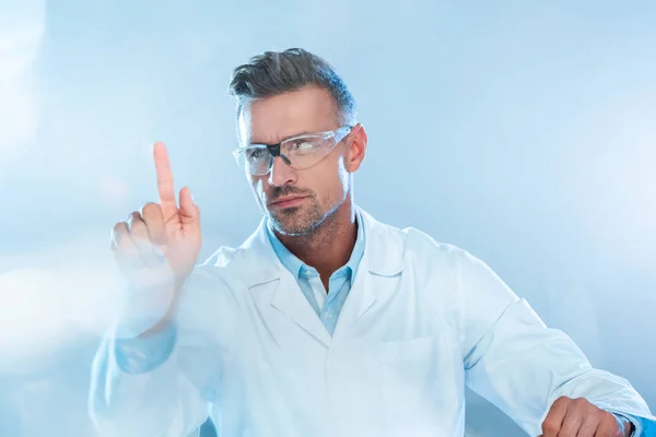 Handsome Technologist Protective Glasses Touching Something Isolated White Artificial Intelligence — Stock Photo, Image