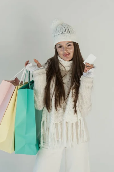 Attractive Woman Fashionable Winter Sweater Scarf Standing Shopping Bags Blank — Stock Photo, Image
