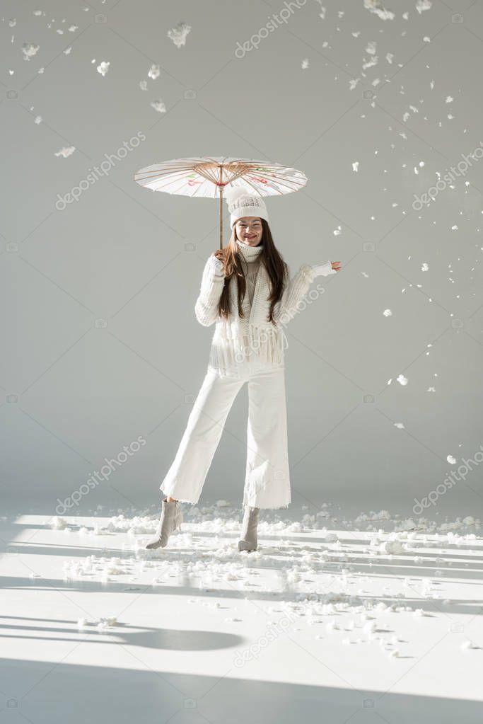 happy woman in fashionable winter sweater and scarf standing under japanese umbrella, snow falling on white