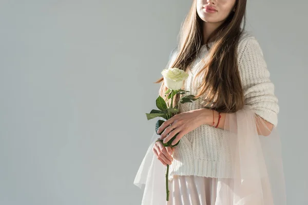 Cropped Image Woman Fashionable Winter Outfit Holding White Rose Isolated — Free Stock Photo