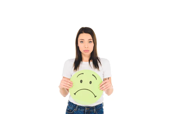 Attraktives Mädchen Hält Schild Mit Unglücklichem Gesichtsausdruck Isoliert Auf Weiß — Stockfoto