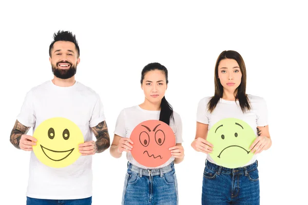 Grupo Jovens Segurando Cartões Coloridos Com Expressões Faciais Irritadas Tristes — Fotografia de Stock
