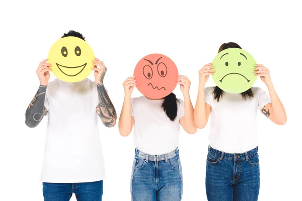 Group Young People Holding Cards Different Face Expressions Isolated White — Stock Photo, Image