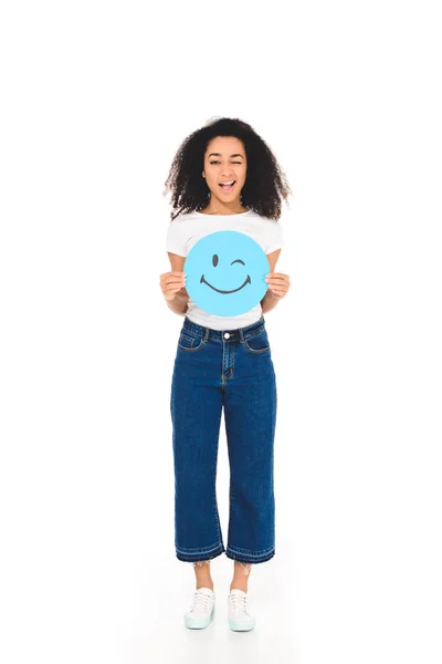 African American Girl Holding Blue Sign Winking Face Expression Smiling — Stock Photo, Image