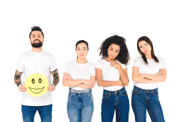 Amigos Multiculturales Con Diferentes Expresiones Faciales Mirando Cámara Aislada Blanco — Foto de Stock