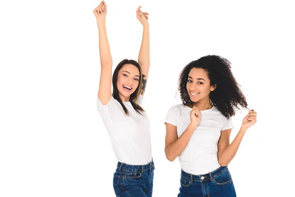 Multicultural Friends White Shirts Raising Hands Looking Camera Isolated White — Stock Photo, Image