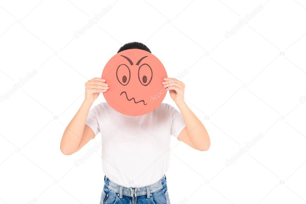 girl holding red sign with angry face expression isolated on white