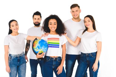 multiethnic group of young people touching shoulders of african american woman with lgbt sign on t-shirt holding globe isolated on white clipart