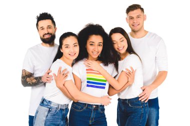 multiethnic group of young people smiling and hugging with african american woman with lgbt sign on t-shirt isolated on white clipart