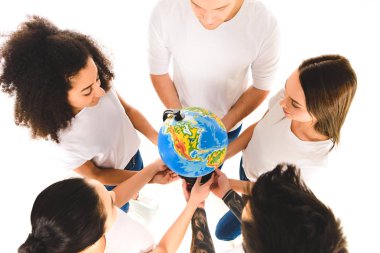 overhead view of multicultural group holding globe and standing in circle isolated on white   clipart